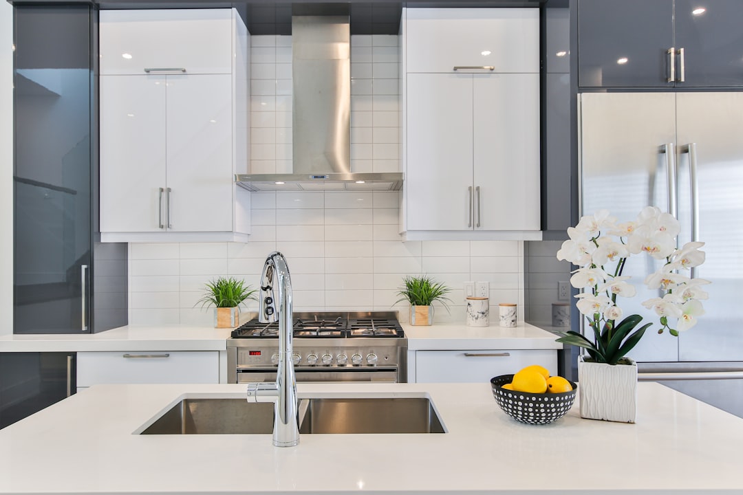 Modern kitchen interior with white cabinets, stainless steel appliances, and decorative plants.